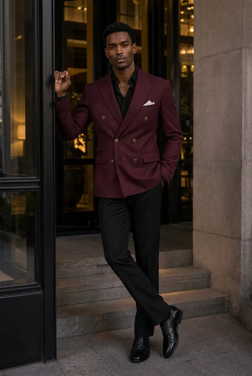 Merlot Echelon - Burgundy Double-Breasted Crest-Button Blazer