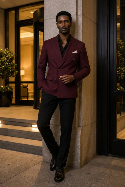 Merlot Echelon - Burgundy Double-Breasted Crest-Button Blazer