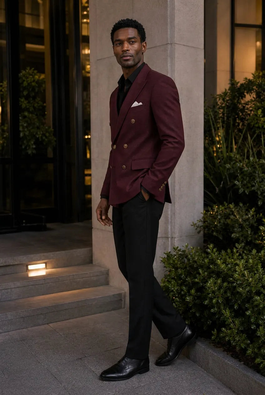 Merlot Echelon - Burgundy Double-Breasted Crest-Button Blazer