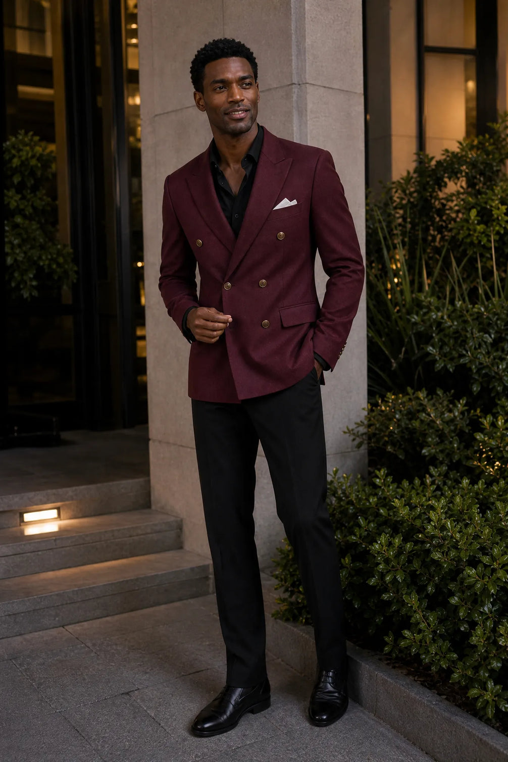 Merlot Echelon - Burgundy Double-Breasted Crest-Button Blazer