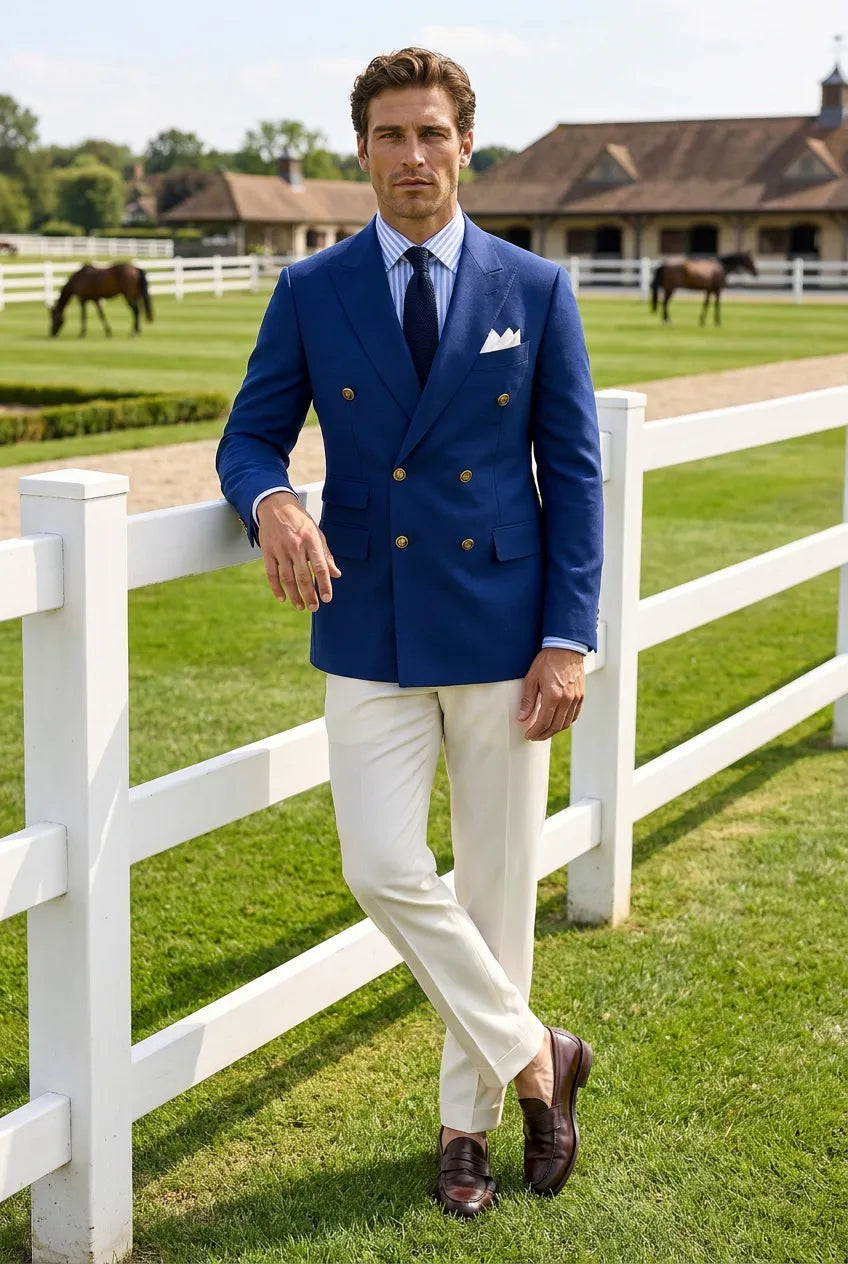 Azure Echelon - Blue Double-Breasted Crest-Button Blazer