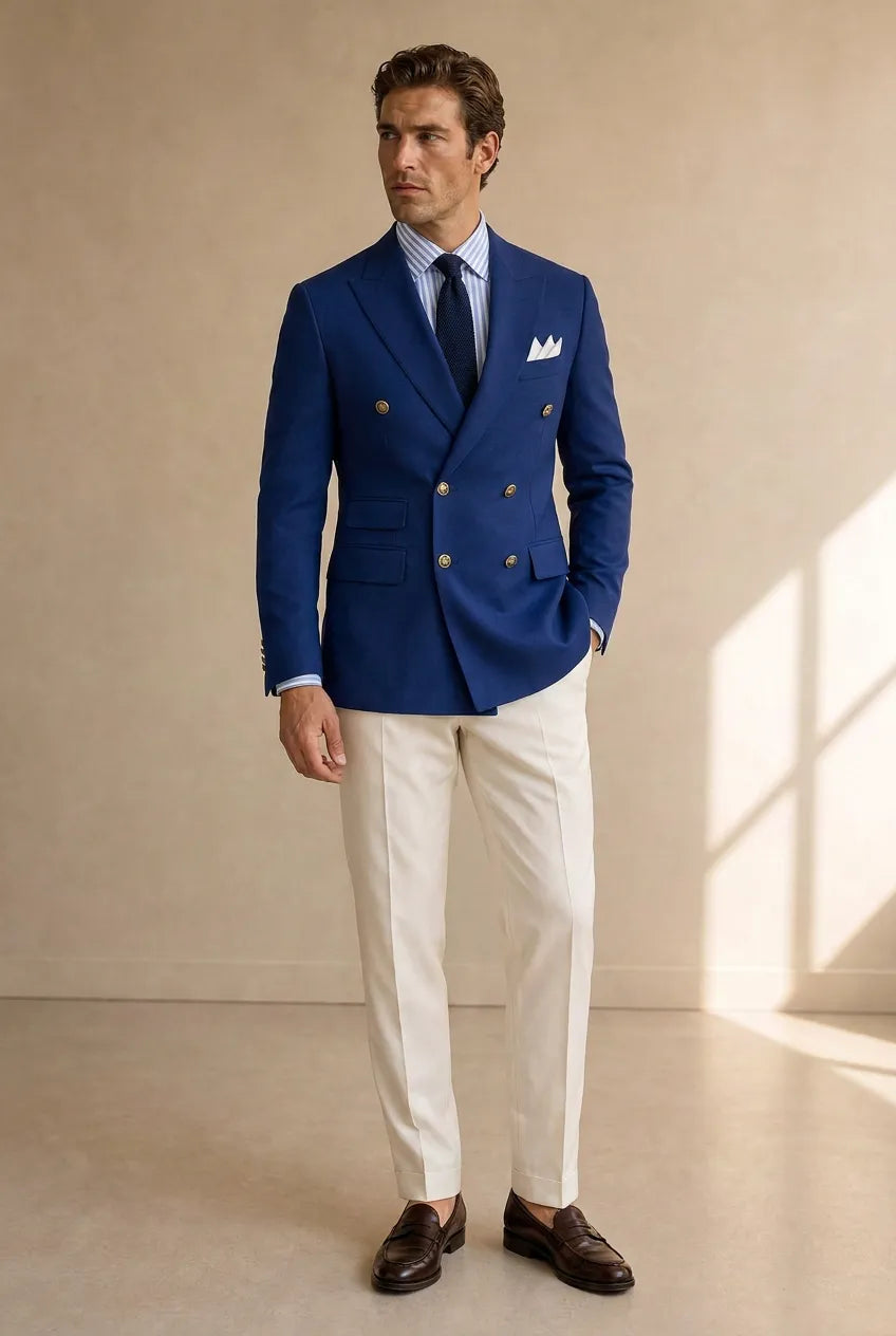 Azure Echelon - Blue Double-Breasted Crest-Button Blazer