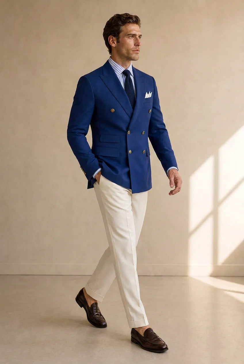 Azure Echelon - Blue Double-Breasted Crest-Button Blazer
