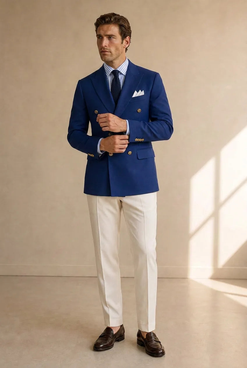 Azure Echelon - Blue Double-Breasted Crest-Button Blazer