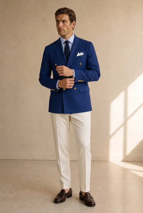 Azure Echelon - Blue Double-Breasted Crest-Button Blazer