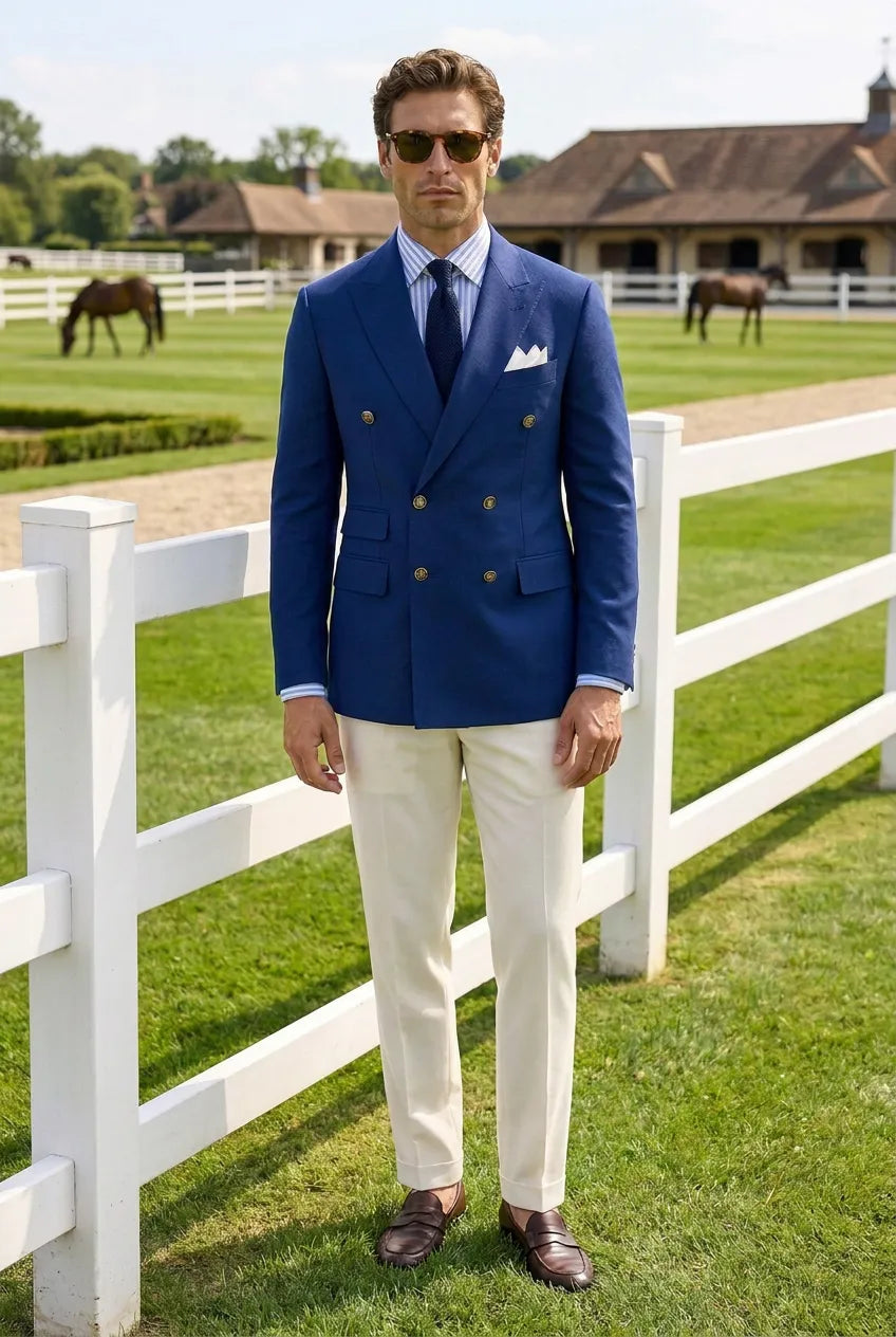 Azure Echelon - Blue Double-Breasted Crest-Button Blazer