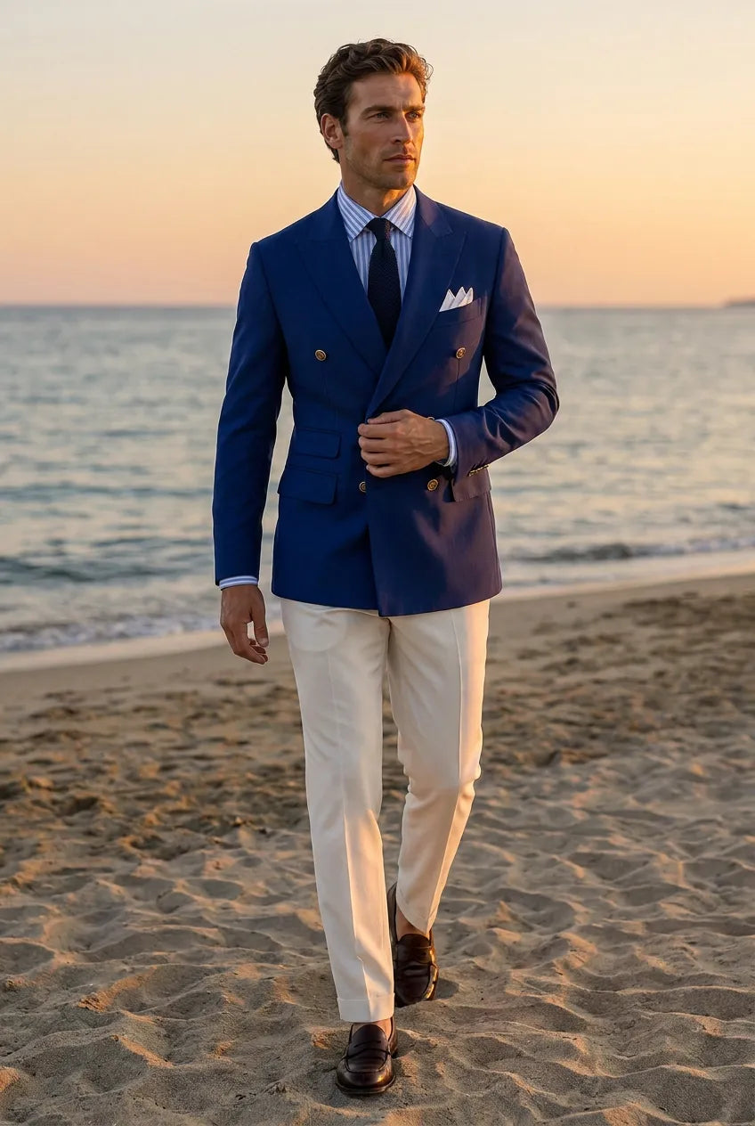 Azure Echelon - Blue Double-Breasted Crest-Button Blazer