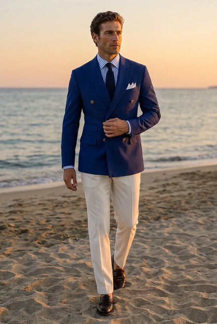 Azure Echelon - Blue Double-Breasted Crest-Button Blazer
