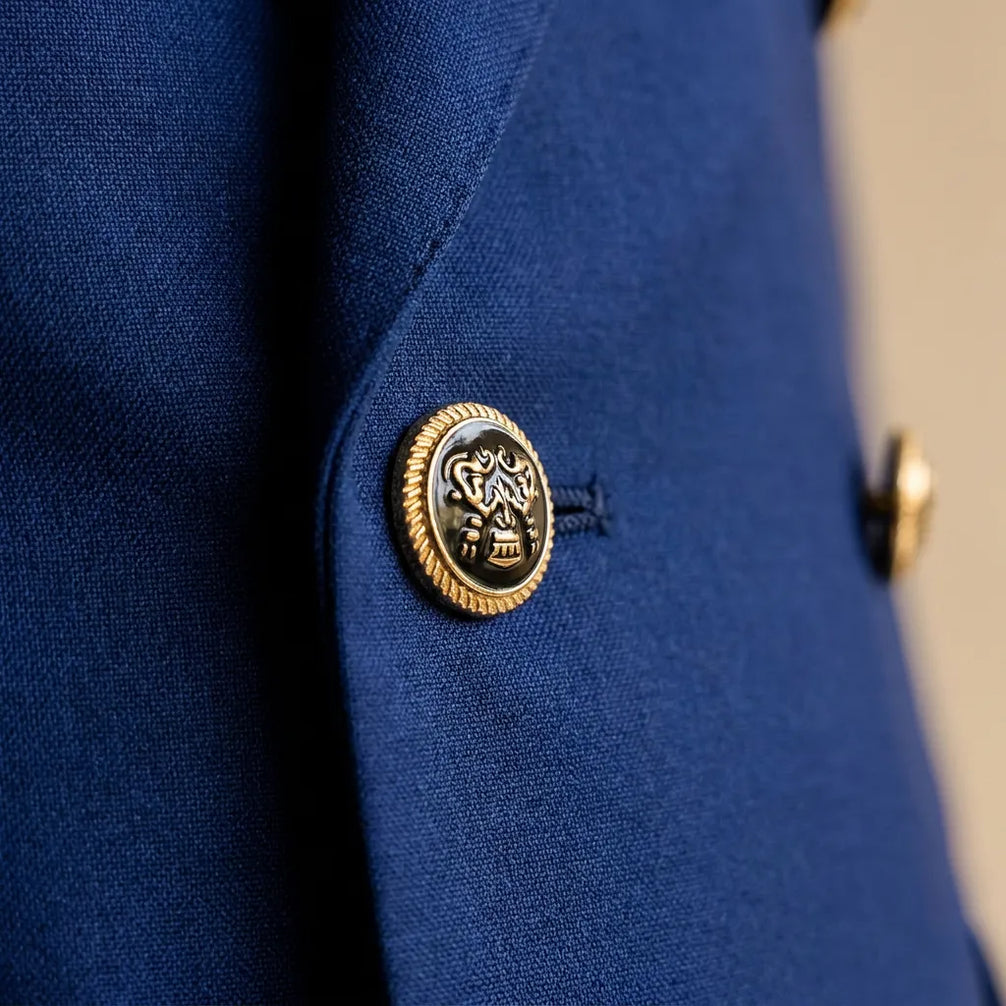 Azure Echelon - Blue Double-Breasted Crest-Button Blazer