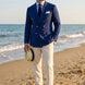 Azure Echelon - Blue Double-Breasted Crest-Button Blazer