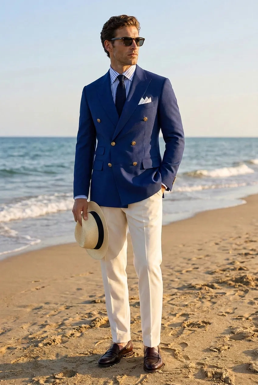 Azure Echelon - Blue Double-Breasted Crest-Button Blazer