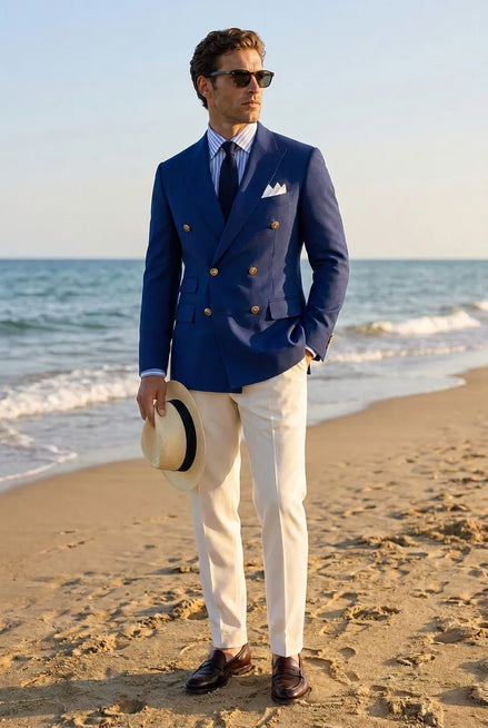 Azure Echelon - Blue Double-Breasted Crest-Button Blazer