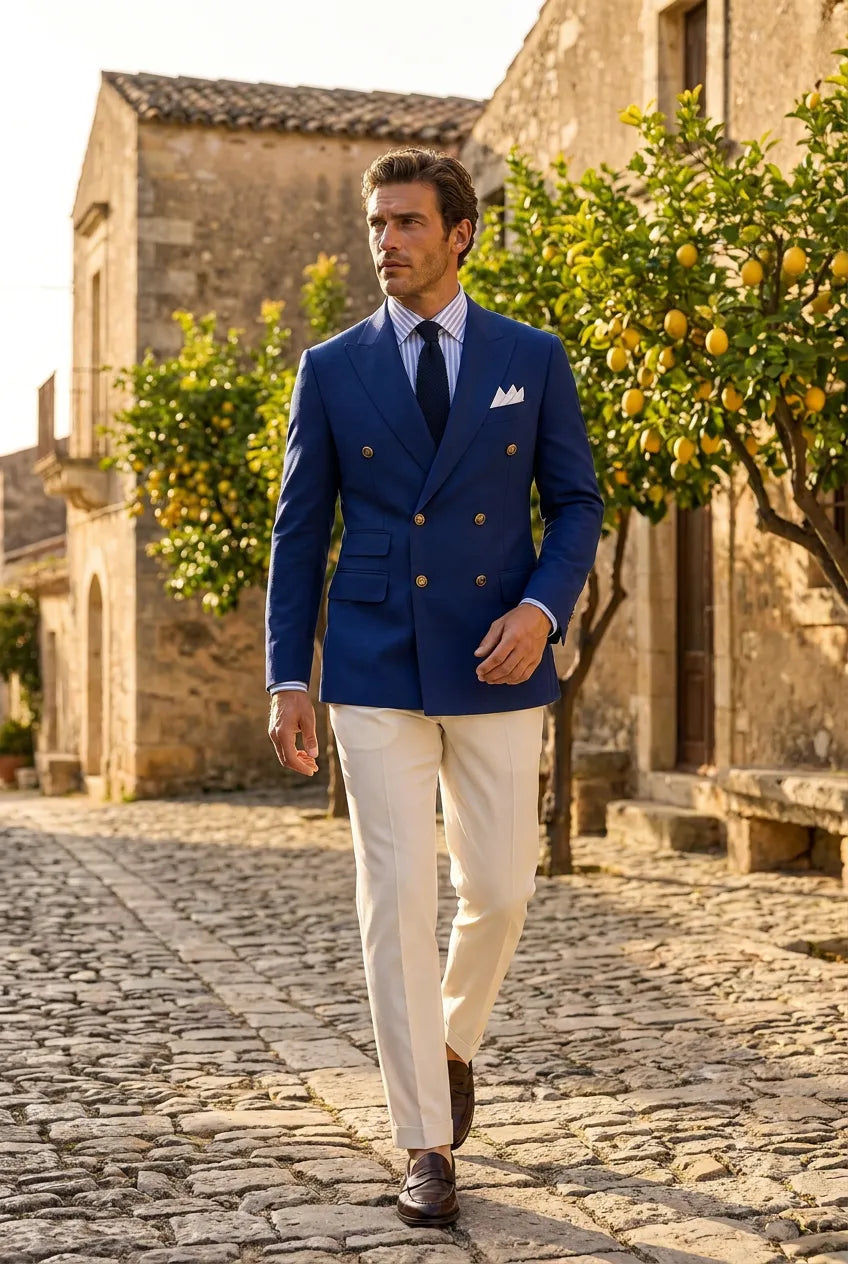 Azure Echelon - Blue Double-Breasted Crest-Button Blazer