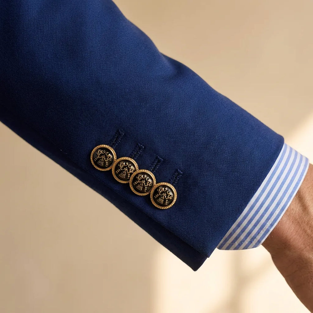 Azure Echelon - Blue Double-Breasted Crest-Button Blazer