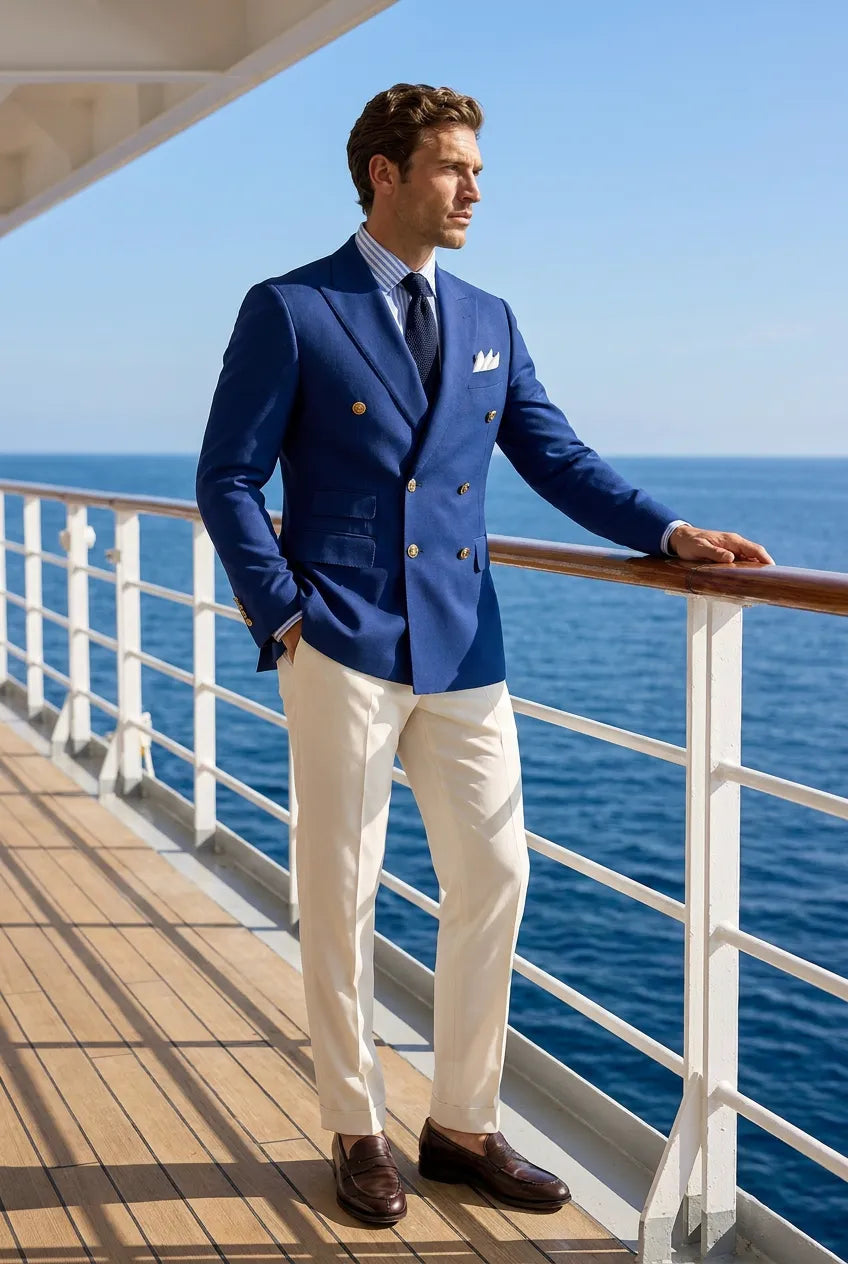 Azure Echelon - Blue Double-Breasted Crest-Button Blazer