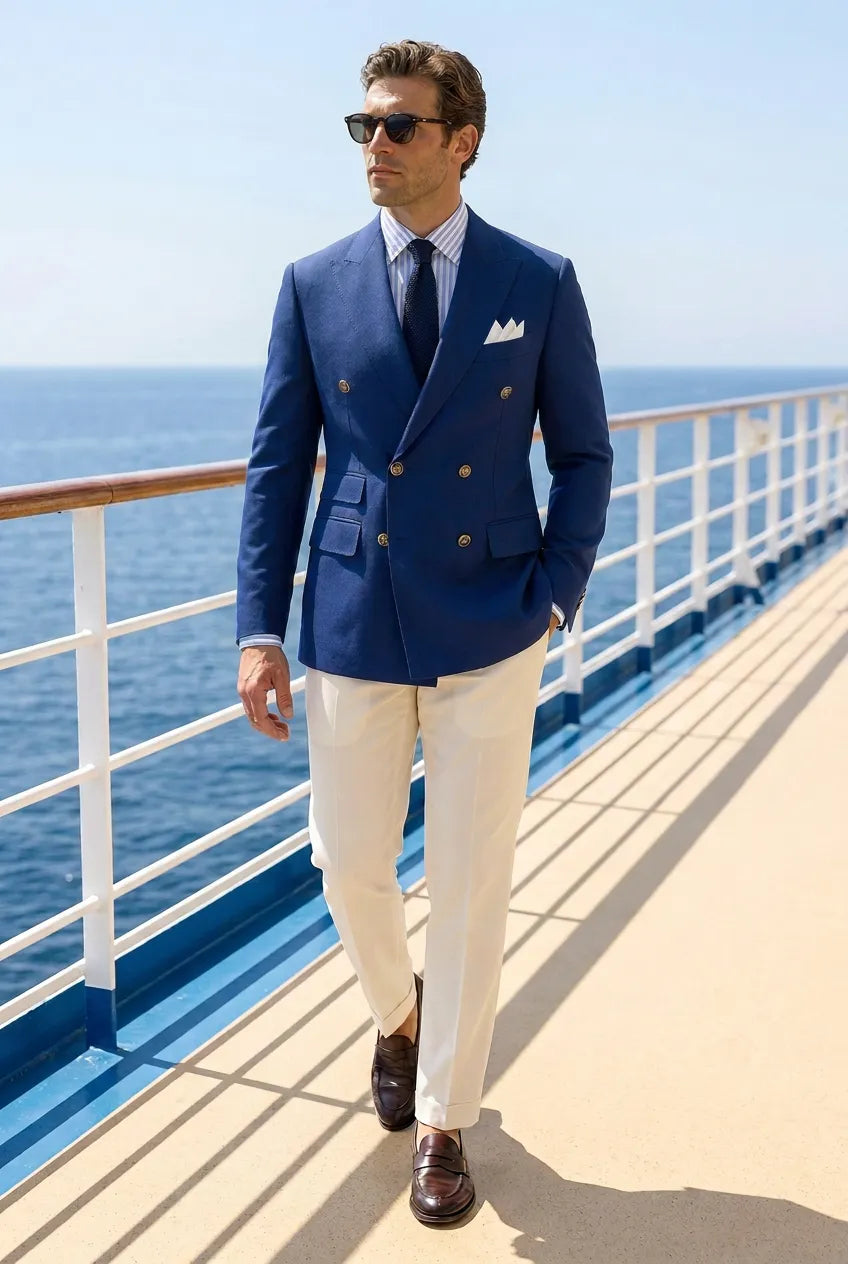 Azure Echelon - Blue Double-Breasted Crest-Button Blazer