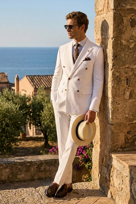 Alabaster Echelon - White Double-Breasted Crest-Button Blazer