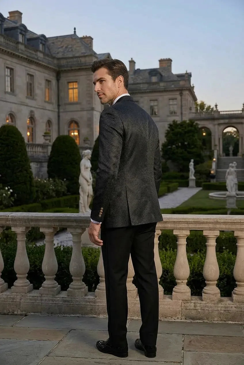 Carbon Majesty - Black Paisley Mandarin 3-Piece Tuxedo