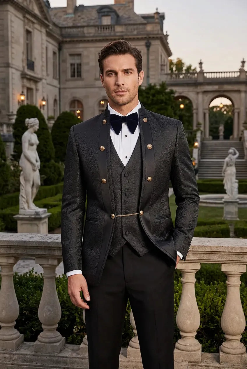 Carbon Majesty - Black Paisley Mandarin 3-Piece Tuxedo