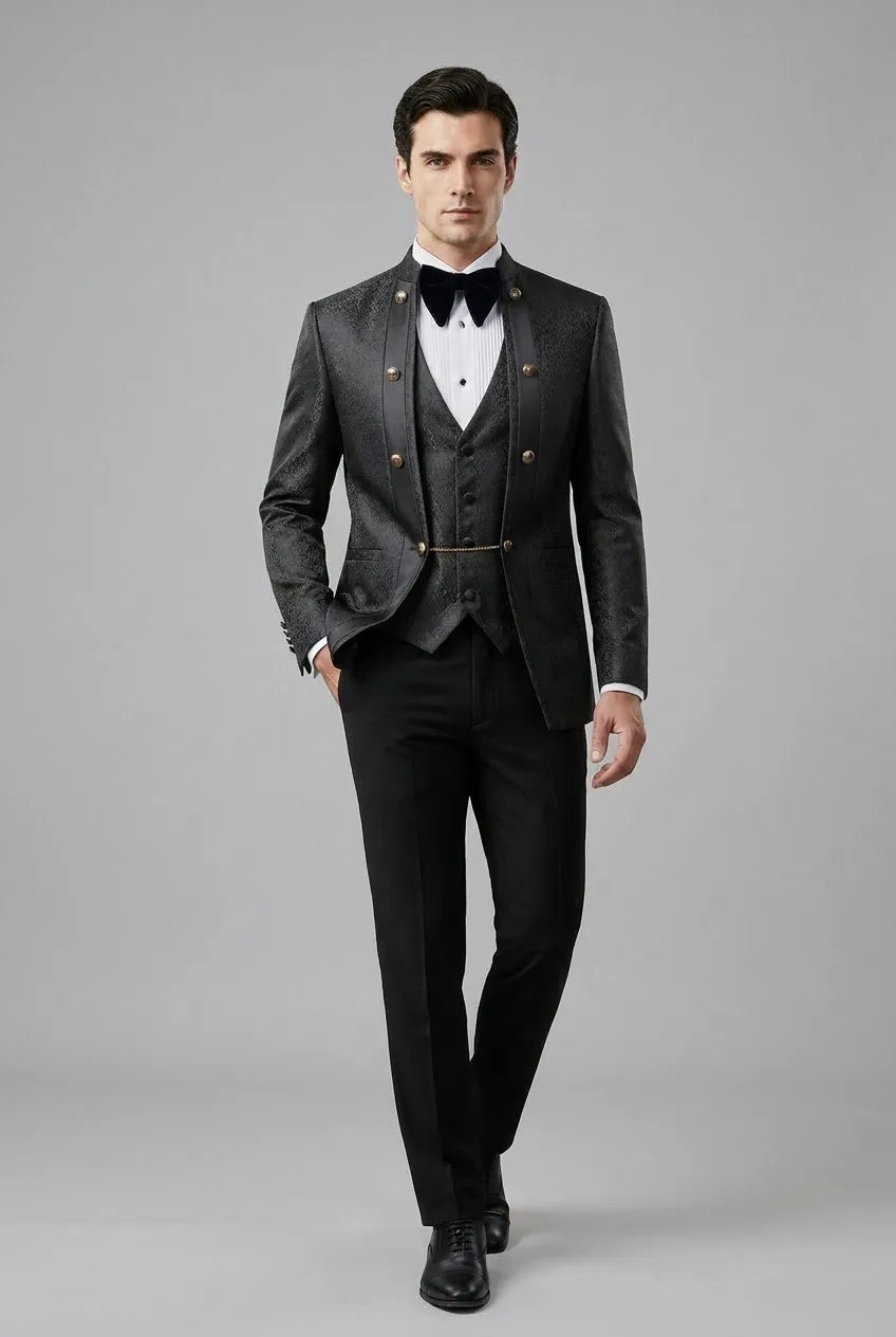 Carbon Majesty - Black Paisley Mandarin 3-Piece Tuxedo