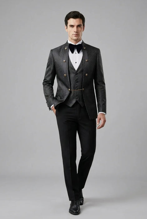 Carbon Majesty - Black Paisley Mandarin 3-Piece Tuxedo