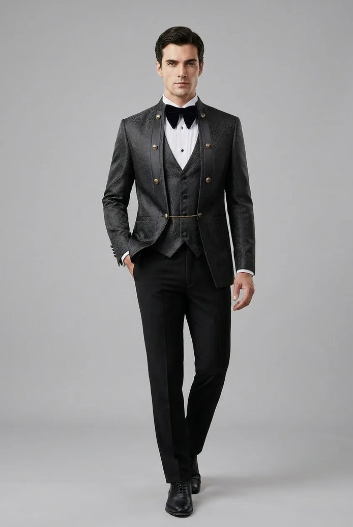 Carbon Majesty - Black Paisley Mandarin 3-Piece Tuxedo