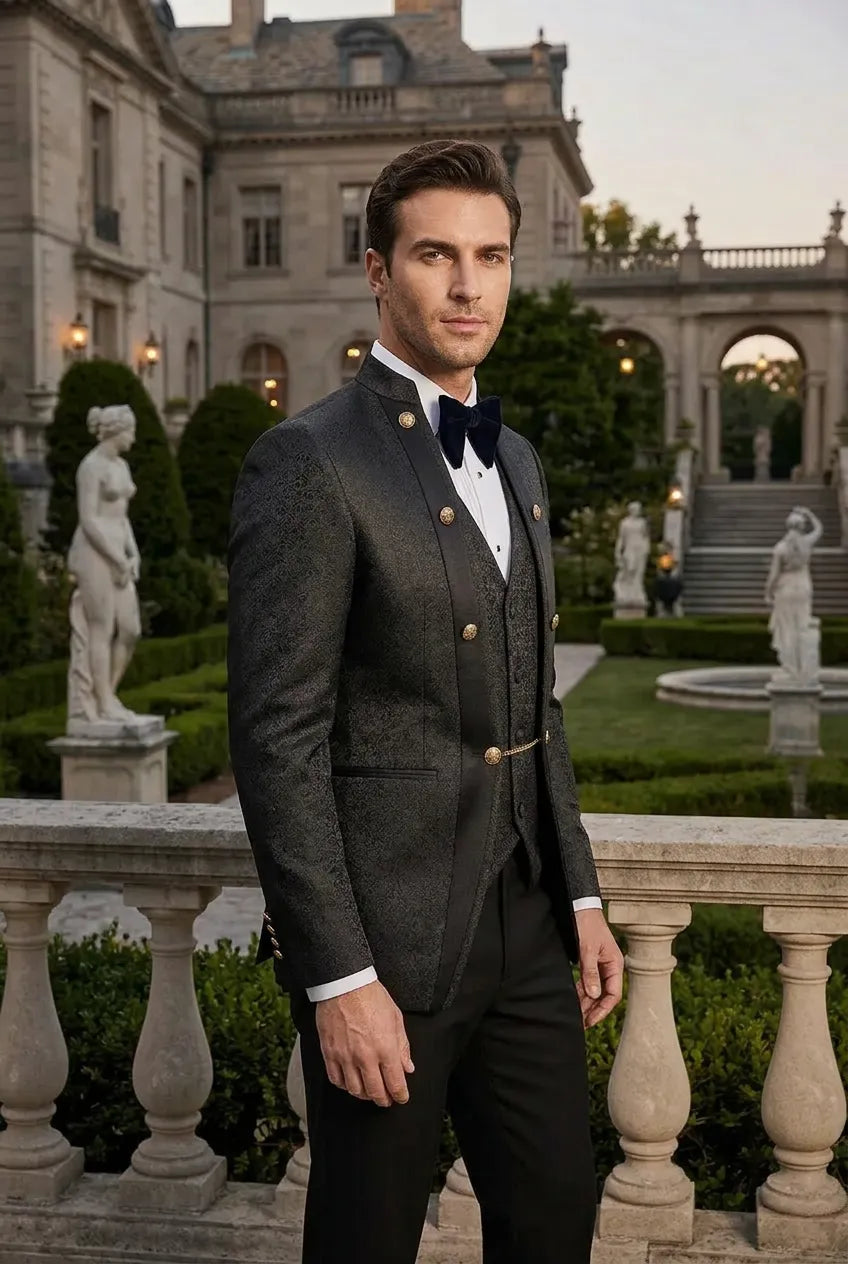 Carbon Majesty - Black Paisley Mandarin 3-Piece Tuxedo