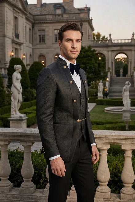 Carbon Majesty - Black Paisley Mandarin 3-Piece Tuxedo
