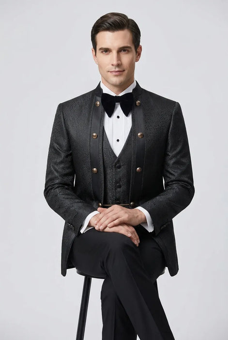 Carbon Majesty - Black Paisley Mandarin 3-Piece Tuxedo