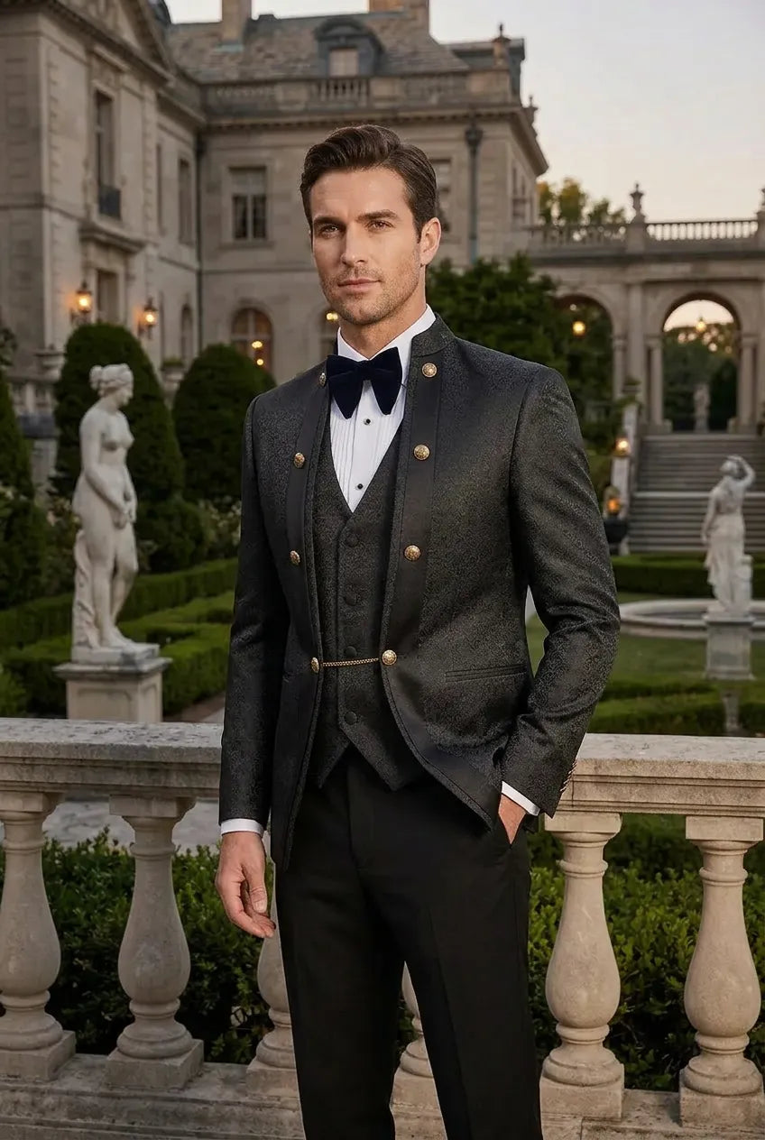 Carbon Majesty - Black Paisley Mandarin 3-Piece Tuxedo