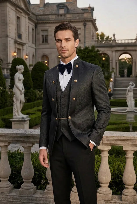 Carbon Majesty - Black Paisley Mandarin 3-Piece Tuxedo