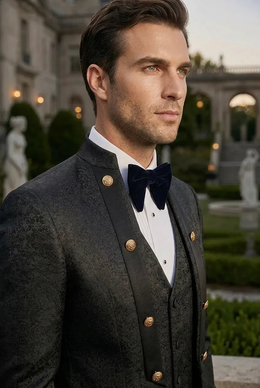 Carbon Majesty - Black Paisley Mandarin 3-Piece Tuxedo