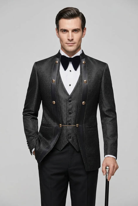 Carbon Majesty - Black Paisley Mandarin 3-Piece Tuxedo
