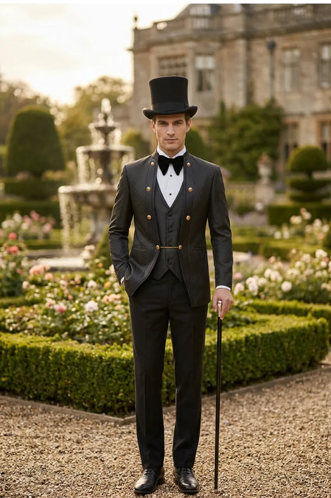 Carbon Majesty - Black Paisley Mandarin 3-Piece Tuxedo