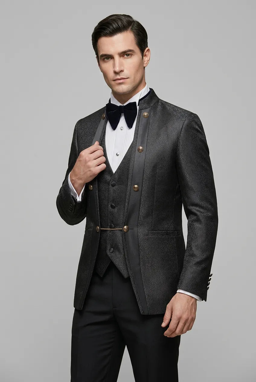 Carbon Majesty - Black Paisley Mandarin 3-Piece Tuxedo