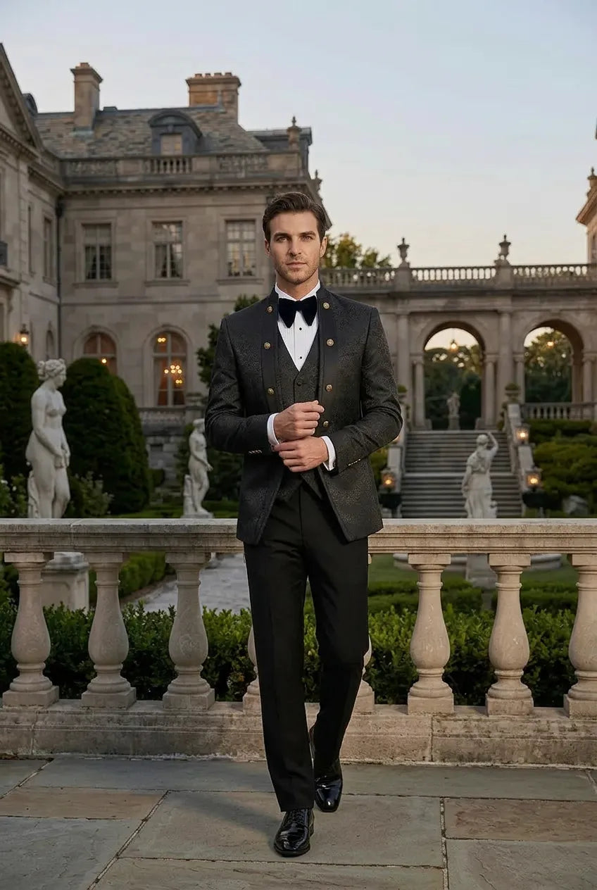Carbon Majesty - Black Paisley Mandarin 3-Piece Tuxedo