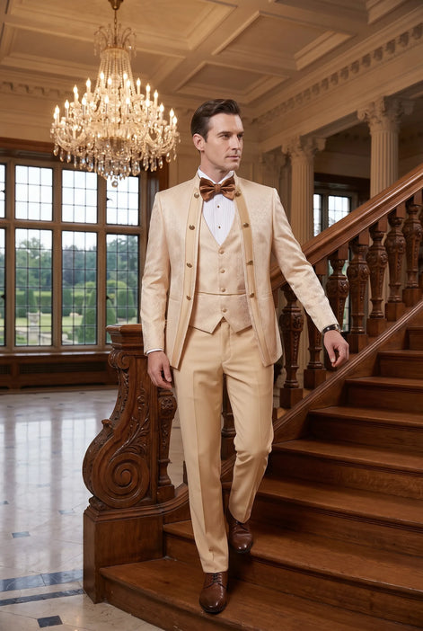 Amber Mirage - Champagne Paisley Jacquard 3-Piece Tuxedo
