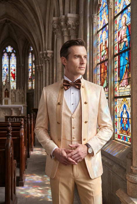 Amber Mirage - Champagne Paisley Jacquard 3-Piece Tuxedo