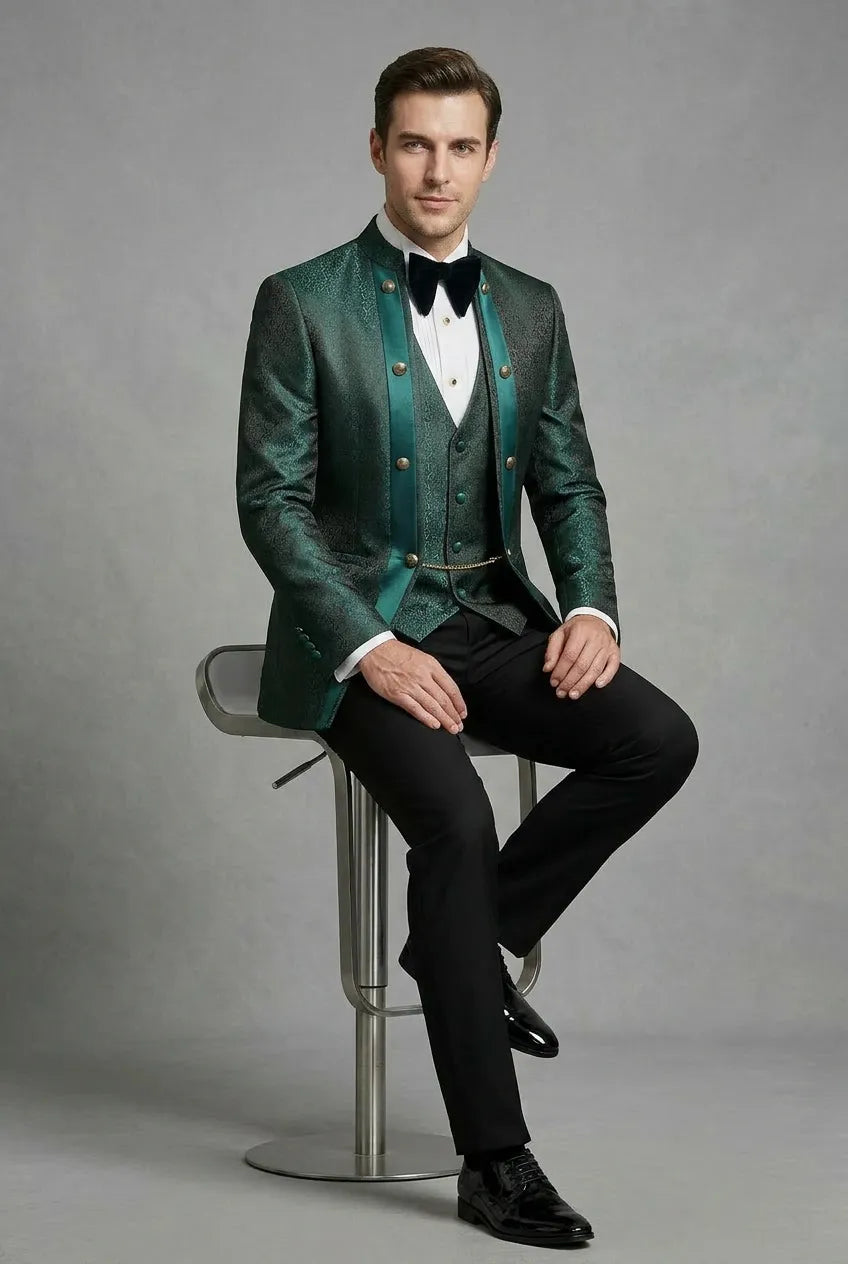 Jade Majesty - Emerald Green Paisley Mandarin 3-Piece Tuxedo