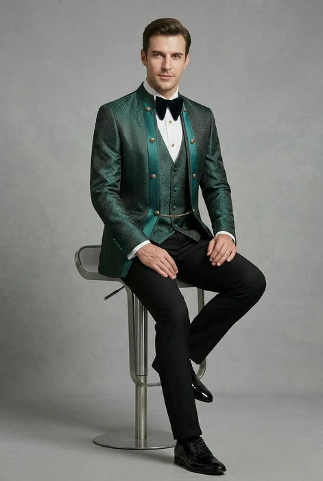 Jade Majesty - Emerald Green Paisley Mandarin 3-Piece Tuxedo