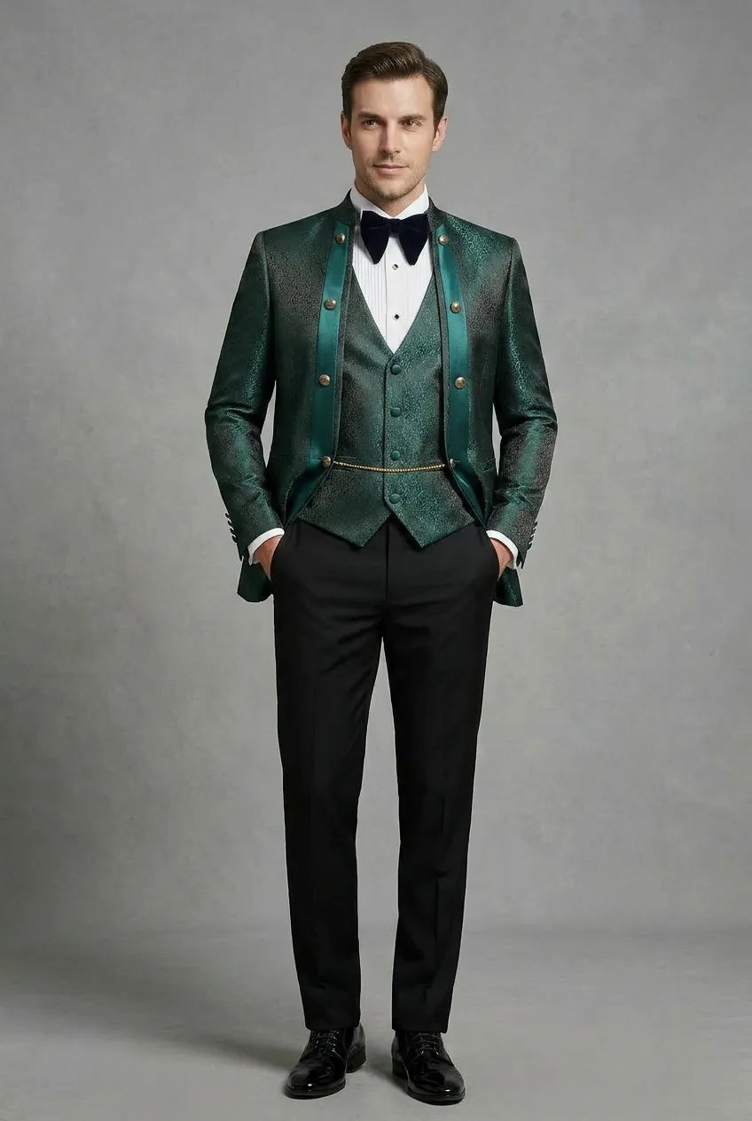 Jade Majesty - Emerald Green Paisley Mandarin 3-Piece Tuxedo