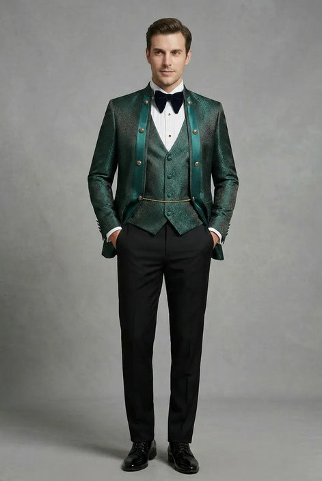 Jade Majesty - Emerald Green Paisley Mandarin 3-Piece Tuxedo