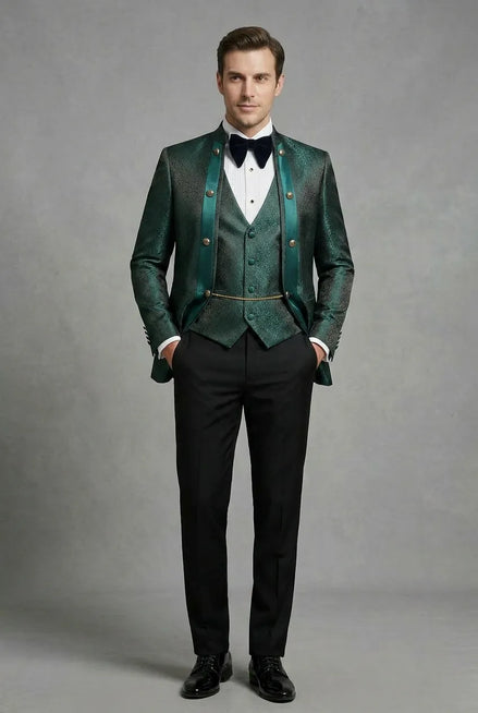 Jade Majesty - Emerald Green Paisley Mandarin 3-Piece Tuxedo