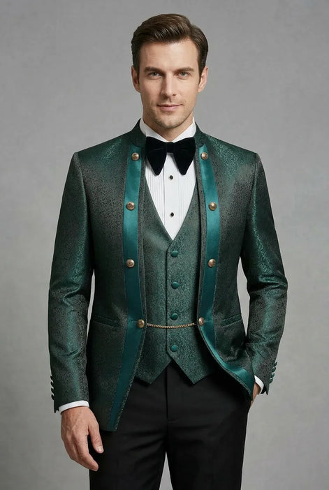 Jade Majesty - Emerald Green Paisley Mandarin 3-Piece Tuxedo
