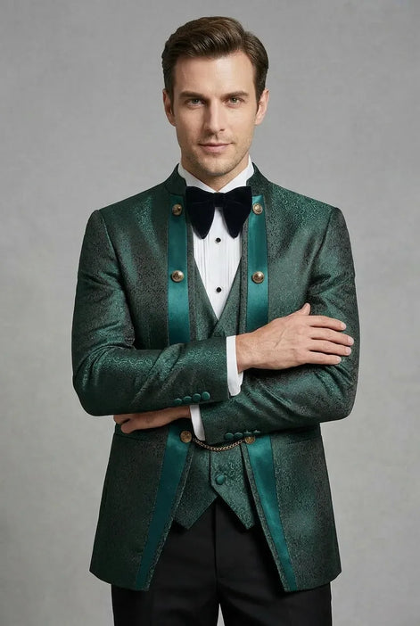 Jade Majesty - Emerald Green Paisley Mandarin 3-Piece Tuxedo