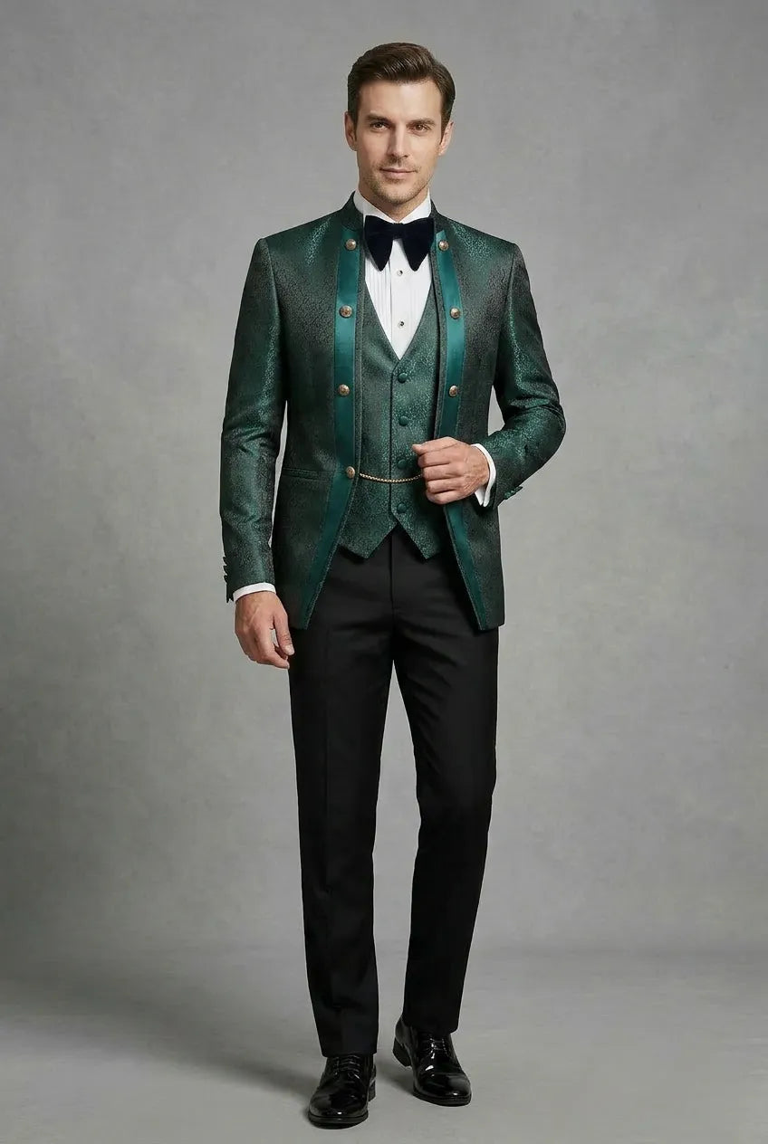 Jade Majesty - Emerald Green Paisley Mandarin 3-Piece Tuxedo