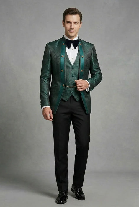 Jade Majesty - Emerald Green Paisley Mandarin 3-Piece Tuxedo