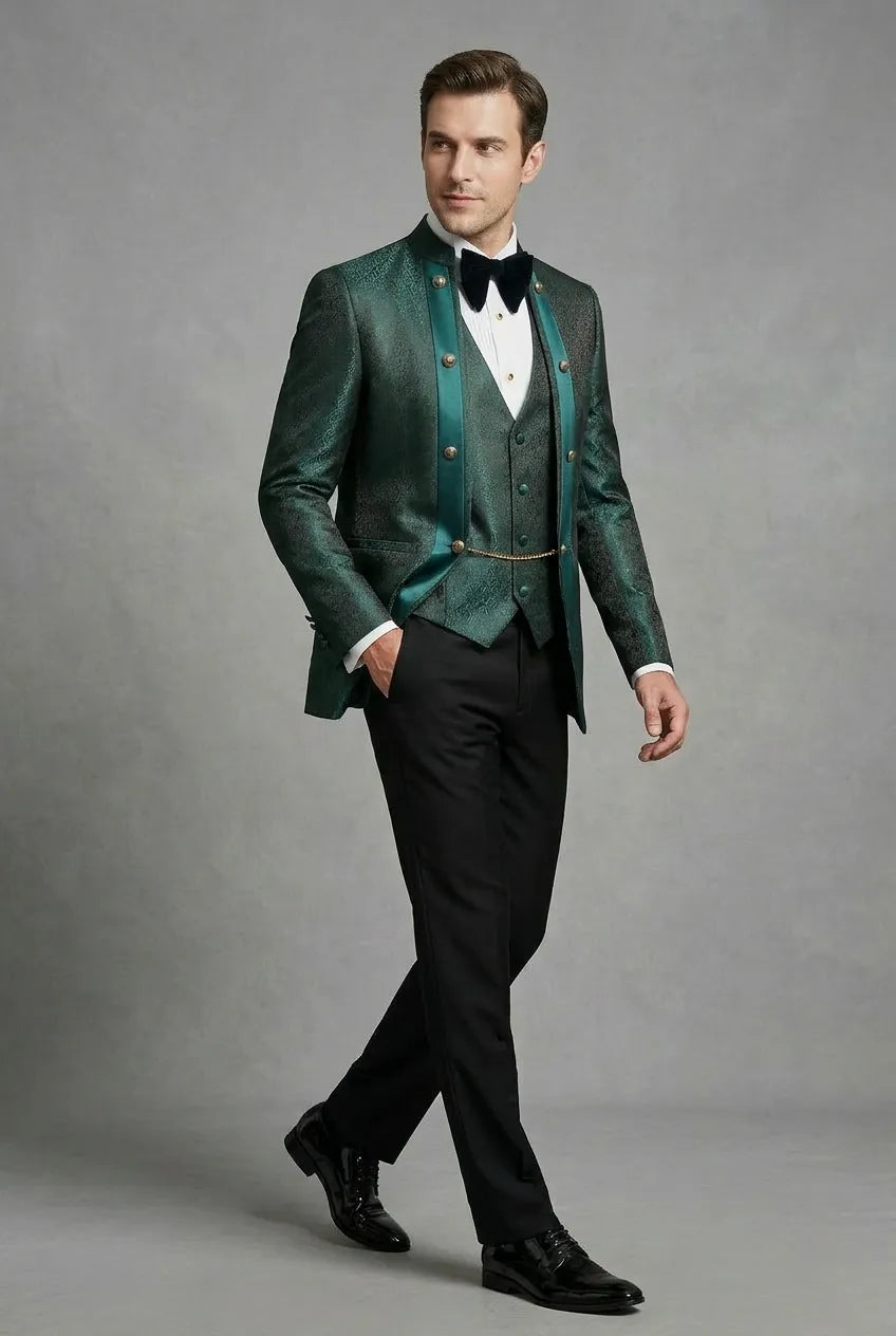 Jade Majesty - Emerald Green Paisley Mandarin 3-Piece Tuxedo