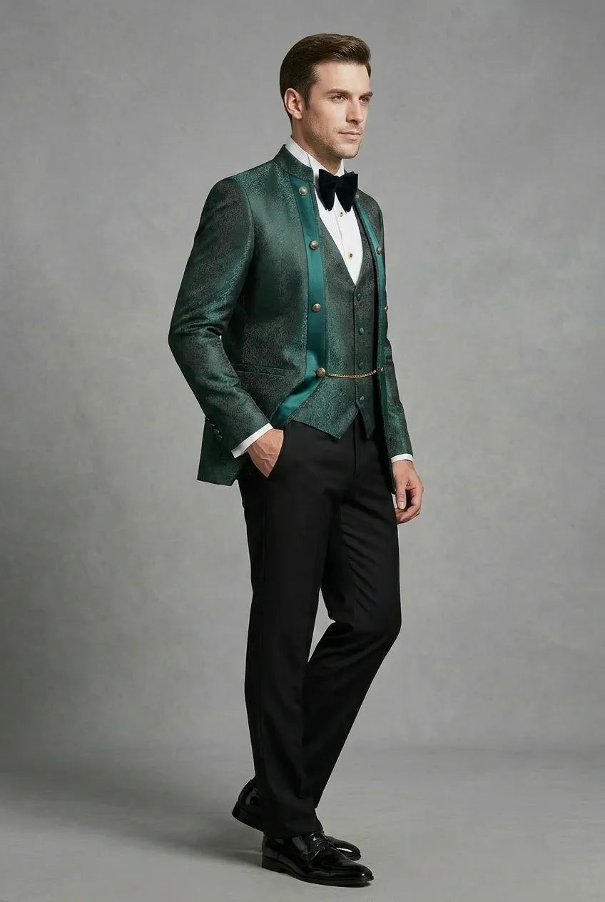 Jade Majesty - Emerald Green Paisley Mandarin 3-Piece Tuxedo