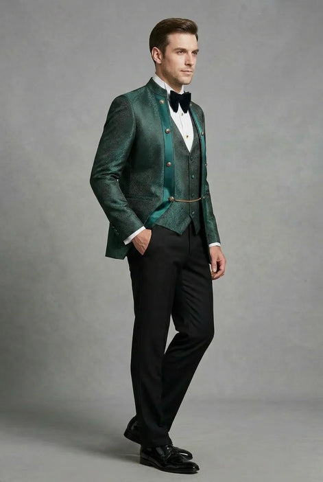 Jade Majesty - Emerald Green Paisley Mandarin 3-Piece Tuxedo